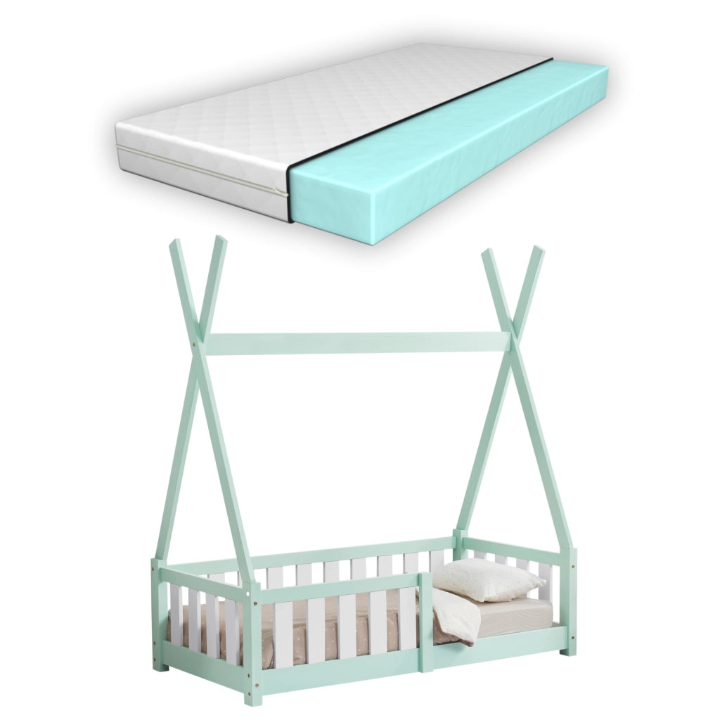Letto a Capanna Helsingborg con Sponde e Materasso 70 x 140 cm Menta Verde [en.casa]