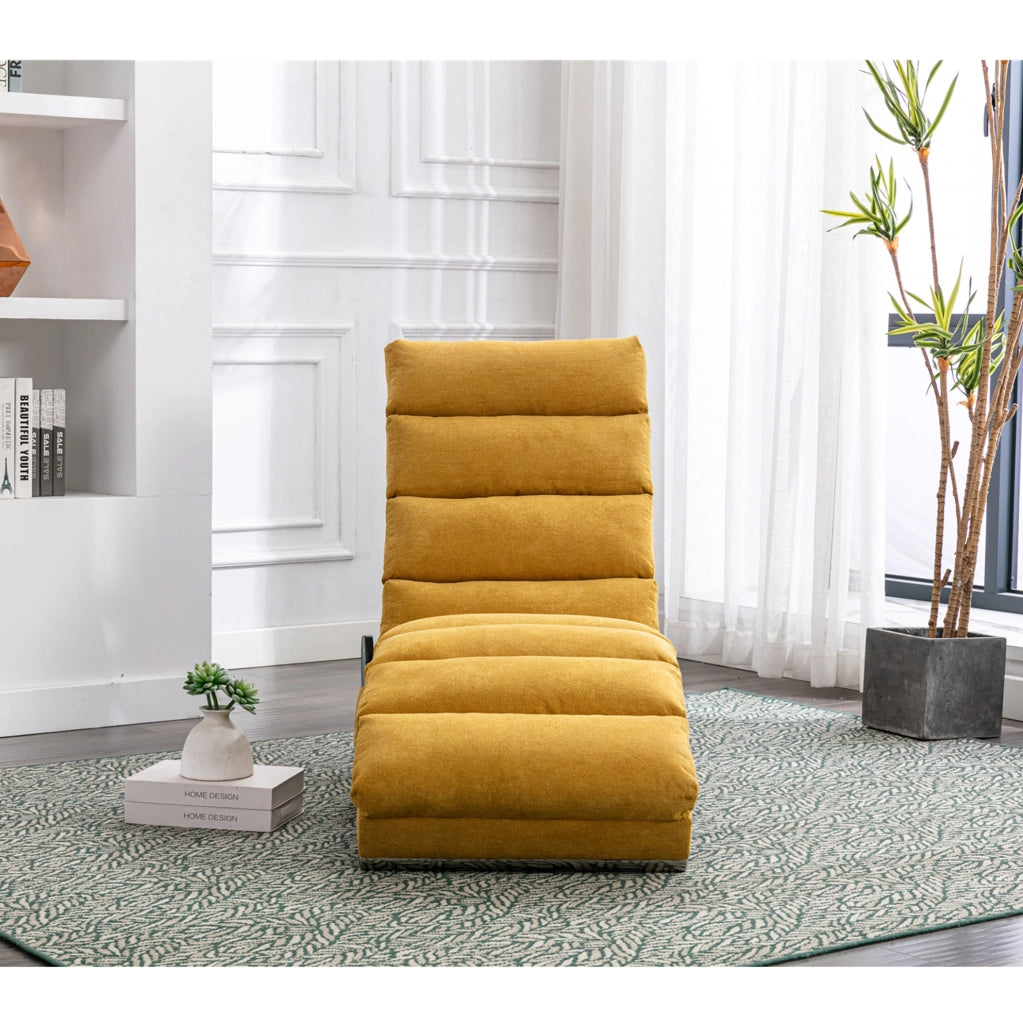 Chaise longue massaggiante 148x55x84 cm giallo senape in lino, tasca laterale