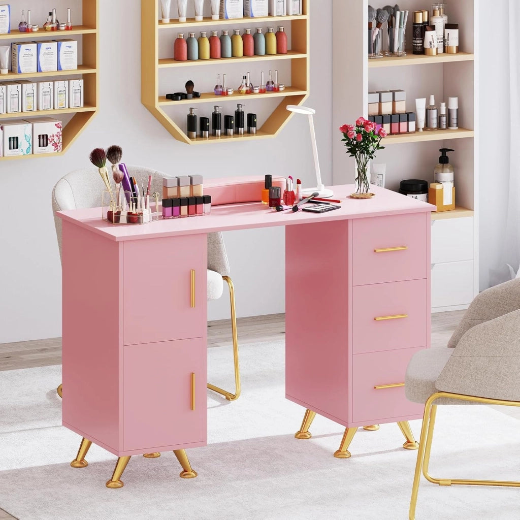 COSTWAY Tavolo per Manicure, Tavolo per Unghie con Cassetti, Cuscino Poggia Polsi e Gambe in Metallo, Stazione per Unghie Estetista Nail Art per Salone di Bellezza (Rosa)