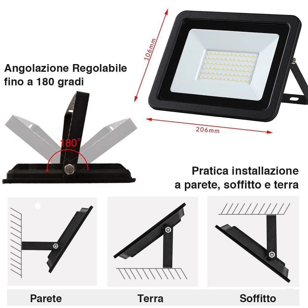 Faro Led 50W Luce Alta Luminosita 4250lm Faretto Esterno Slim Bianco Freddo IP65