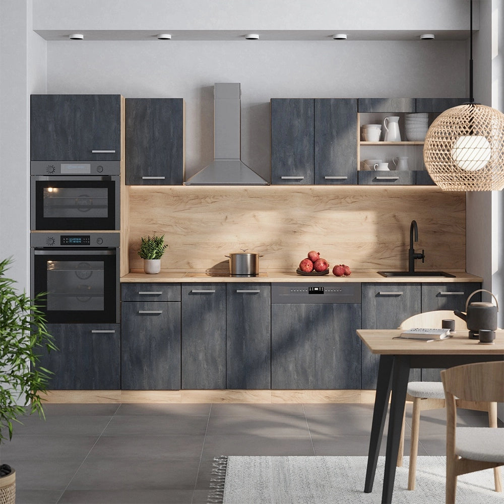 Cucina componibile R-Line Calce nera/Rovere dorato 300 cm PL Antracite Vicco