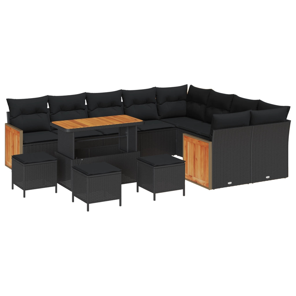 Set Divano da Giardino 13 Pezzi con Cuscini Nero Polirattan Acacia