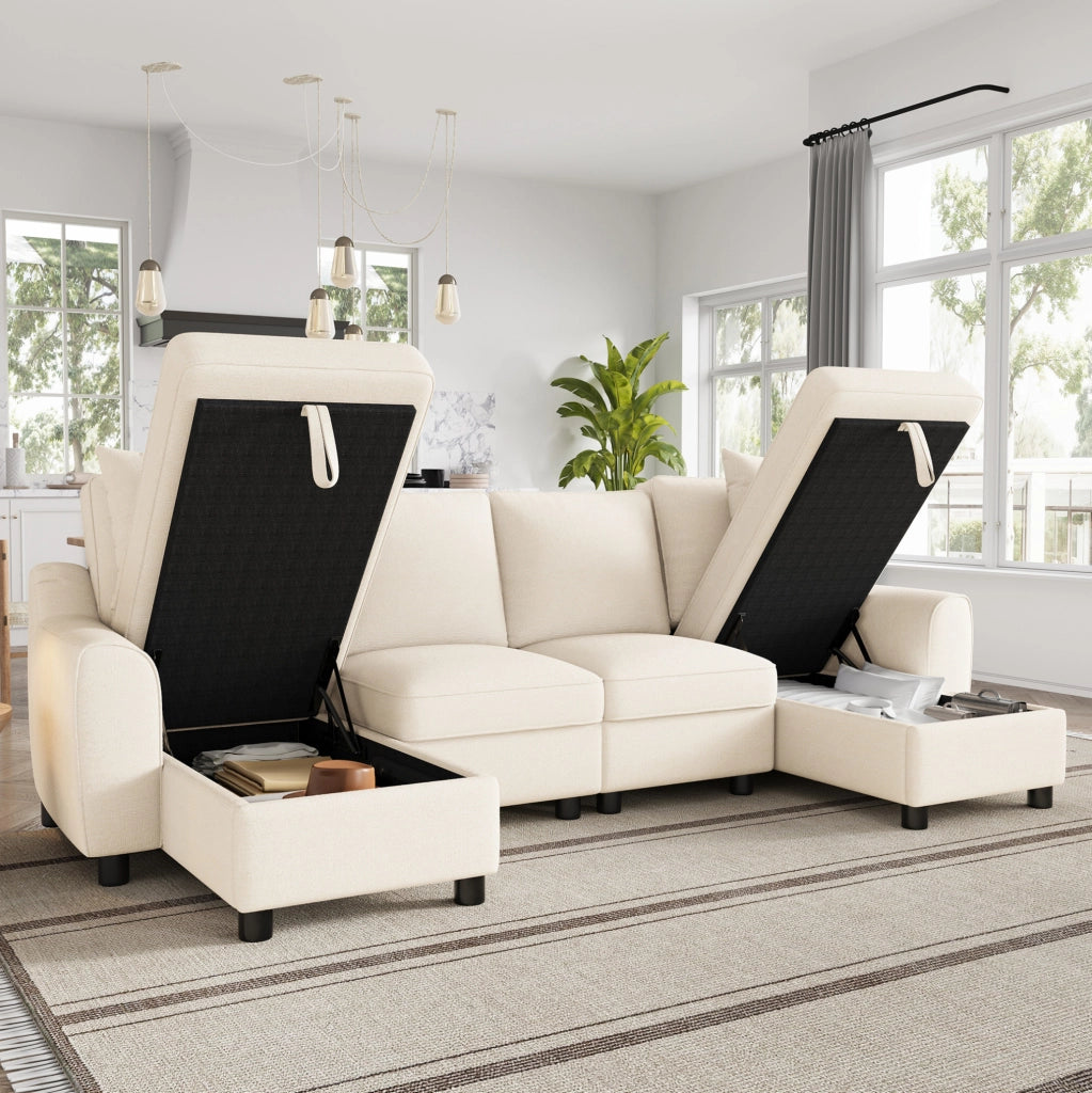 Divano a U in ciniglia beige con vano contenitore, 280 cm