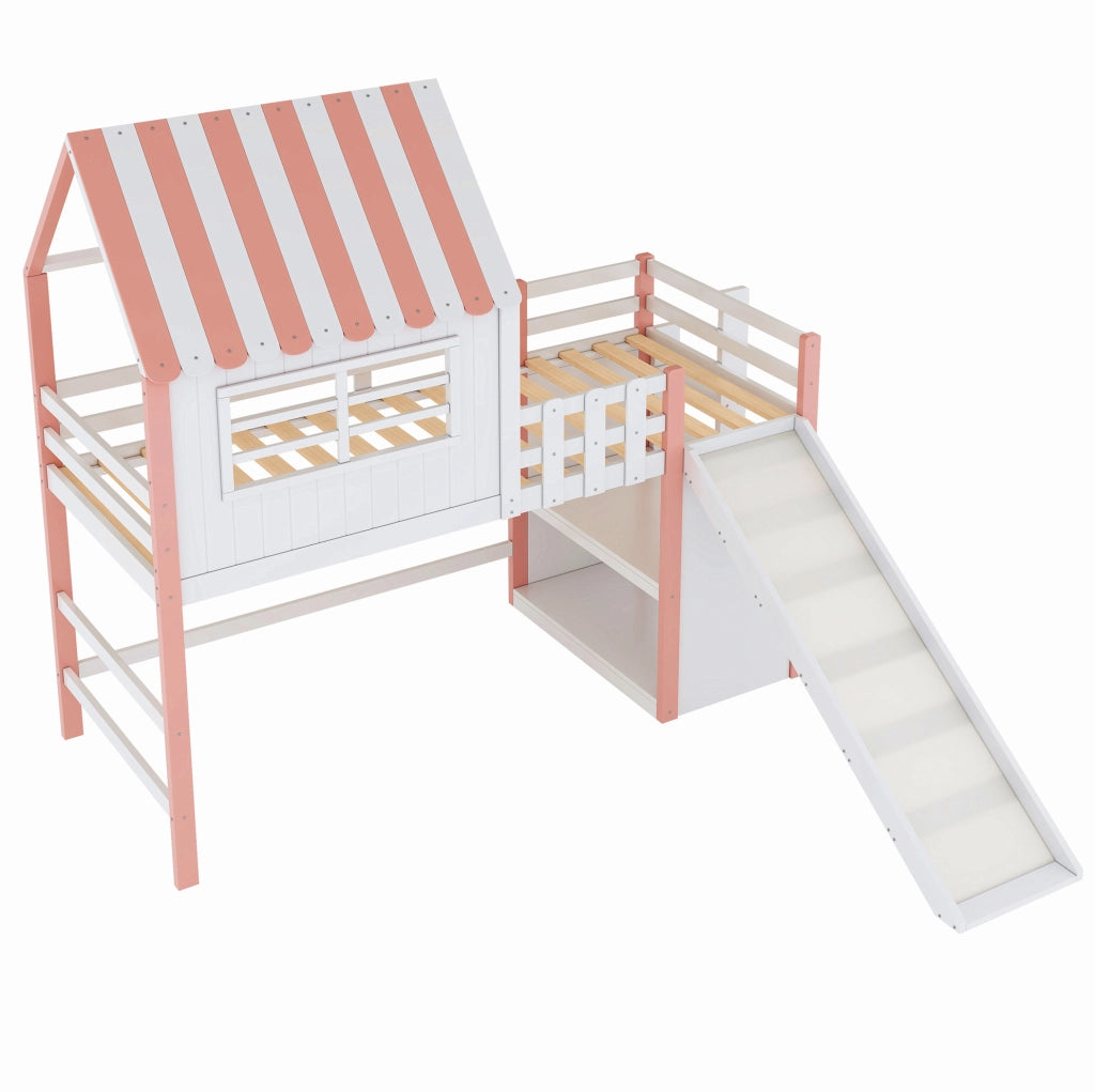 Letto a soppalco per bambini 90x200 cm con scivolo e ripiani in rosa