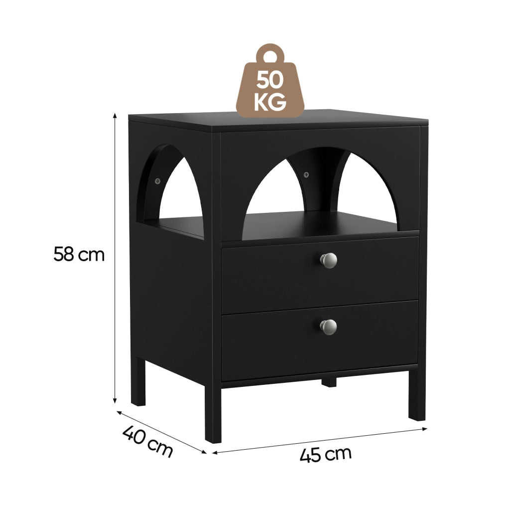 Comodino moderno 45x40x58 cm con 2 cassetti e vano aperto in MDF nero