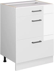 Mobiletto base per cucina R-Line, Bianco lucido, 60 cm con cassetti, senza piano di lavoro, per la libera combinazione all'interno di sistemi cucina modulari