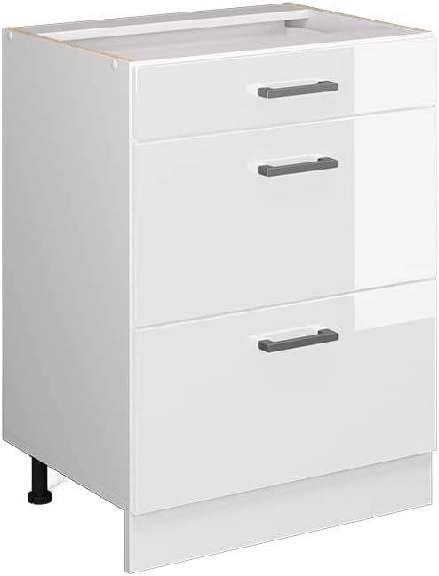Mobiletto base per cucina R-Line, Bianco lucido, 60 cm con cassetti, senza piano di lavoro, per la libera combinazione all'interno di sistemi cucina modulari