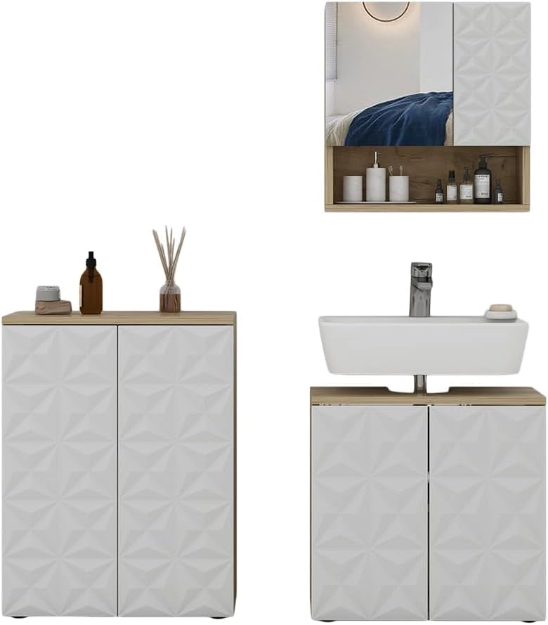 Set di mobili da bagno Edge, Nero, 60 cm, composto da mobile sottolavabo, specchiera e mobile medio