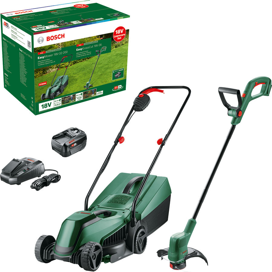 Bosch Kit Taglio Prato 18V EasyMower 32 cm + EasyGrassCut 26 cm con Batteria 4.0Ah