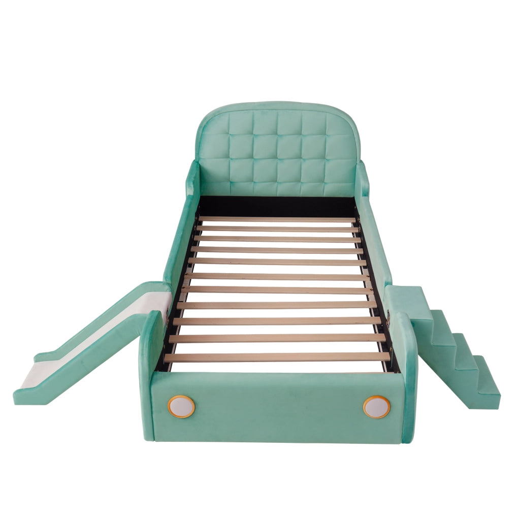 Letto a forma di auto 90x200 cm con scivolo e scala; velluto blu-verde