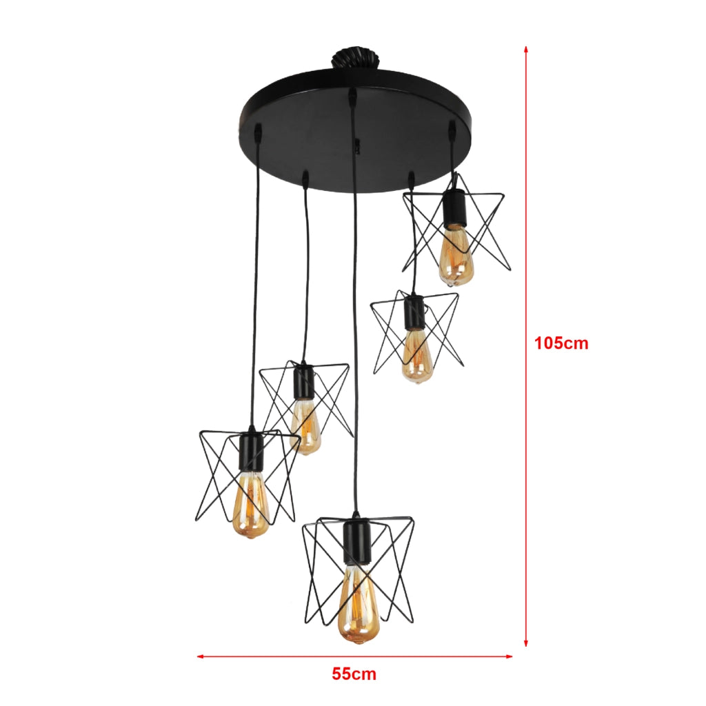 Lampadario a 5 Fonti Luce Sospese Paralumi a Gabbia di Forma Geometrica - Lampada a Sospensione in Stile Industriale -