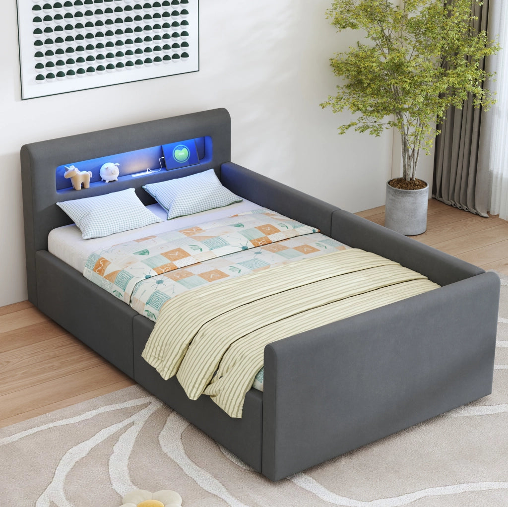 Letto imbottito 90x200 cm con LED; USB e contenitore in velluto grigio