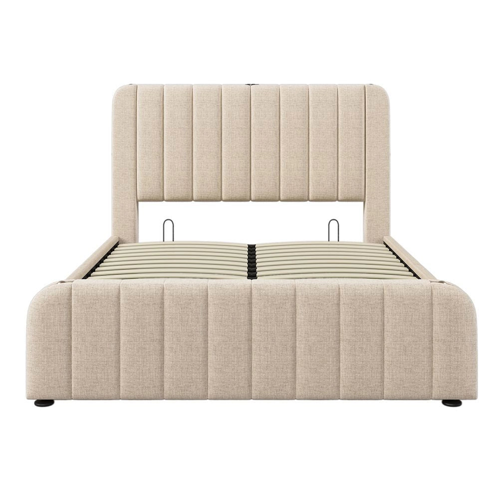 Letto a cassone imbottito - Xylo - 140x200 cm - Beige - Testiera imbottita doppia con USB Type-C