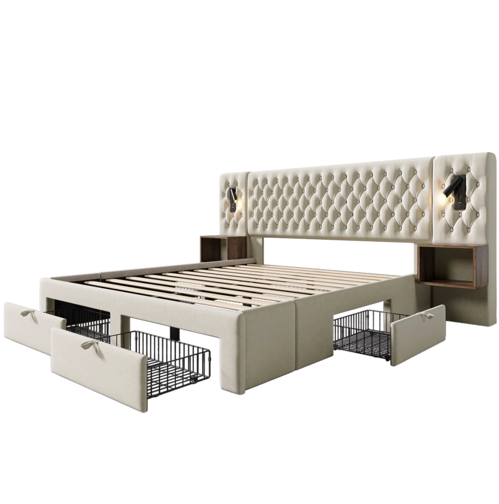 Letto matrimoniale 160x200 cm con 2 comodini; 4 cassetti; lampade da lettura e USB C; velluto beige