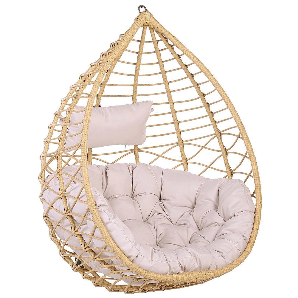 Sedia sospesa poltrona pensile in rattan beige con struttura in metallo a forma di cestino per interni ed esterni Boho