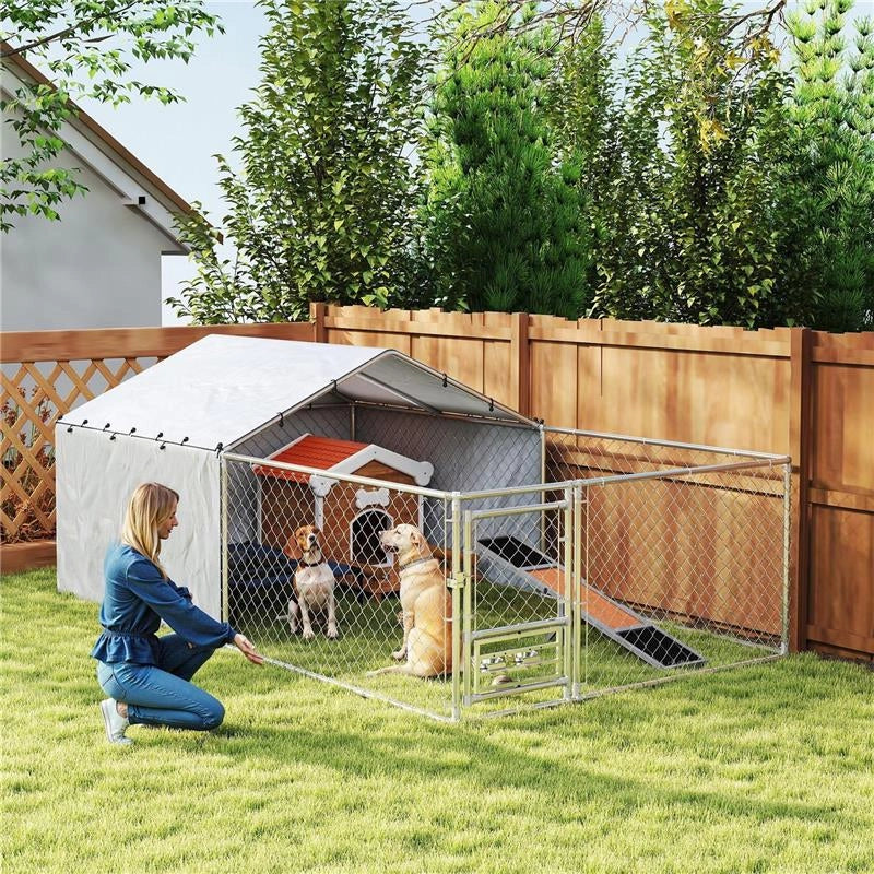 RECINTO PER CANI CON COPERTURE E CIOTOLE GIREVOLI, IN ACCIAIO E TESSUTO OXFORD, 4X2.3X1.5 M, ARGENTO