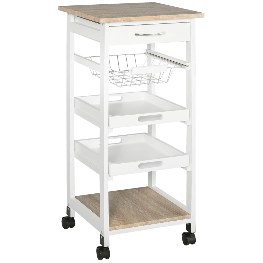 Carrello da cucina con ruote, cestino, 2 ripiani amovibili, cassetto e scaffale ¨C zephmum ¨C MDF quercia chiaro e pino bianco