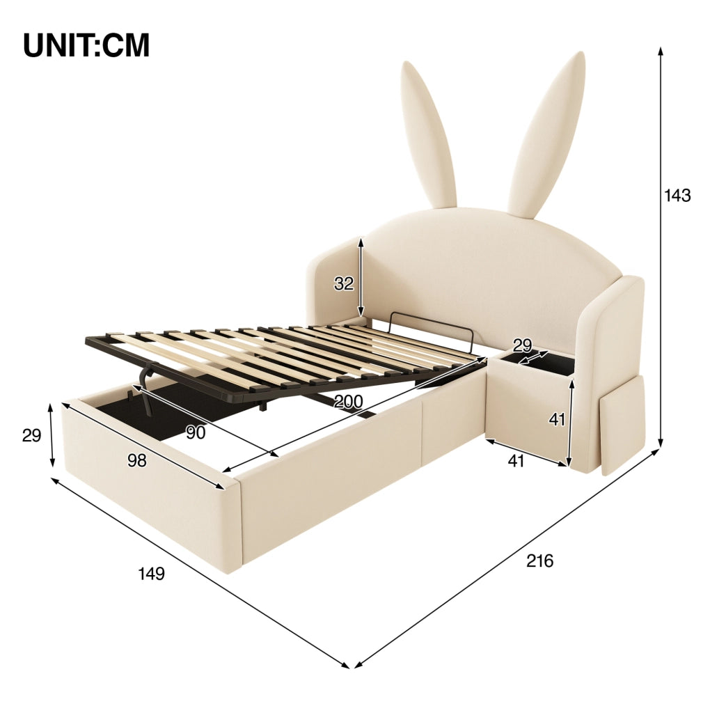 Letto singolo 90x200 cm con contenitore; comodino reversibile; velluto beige