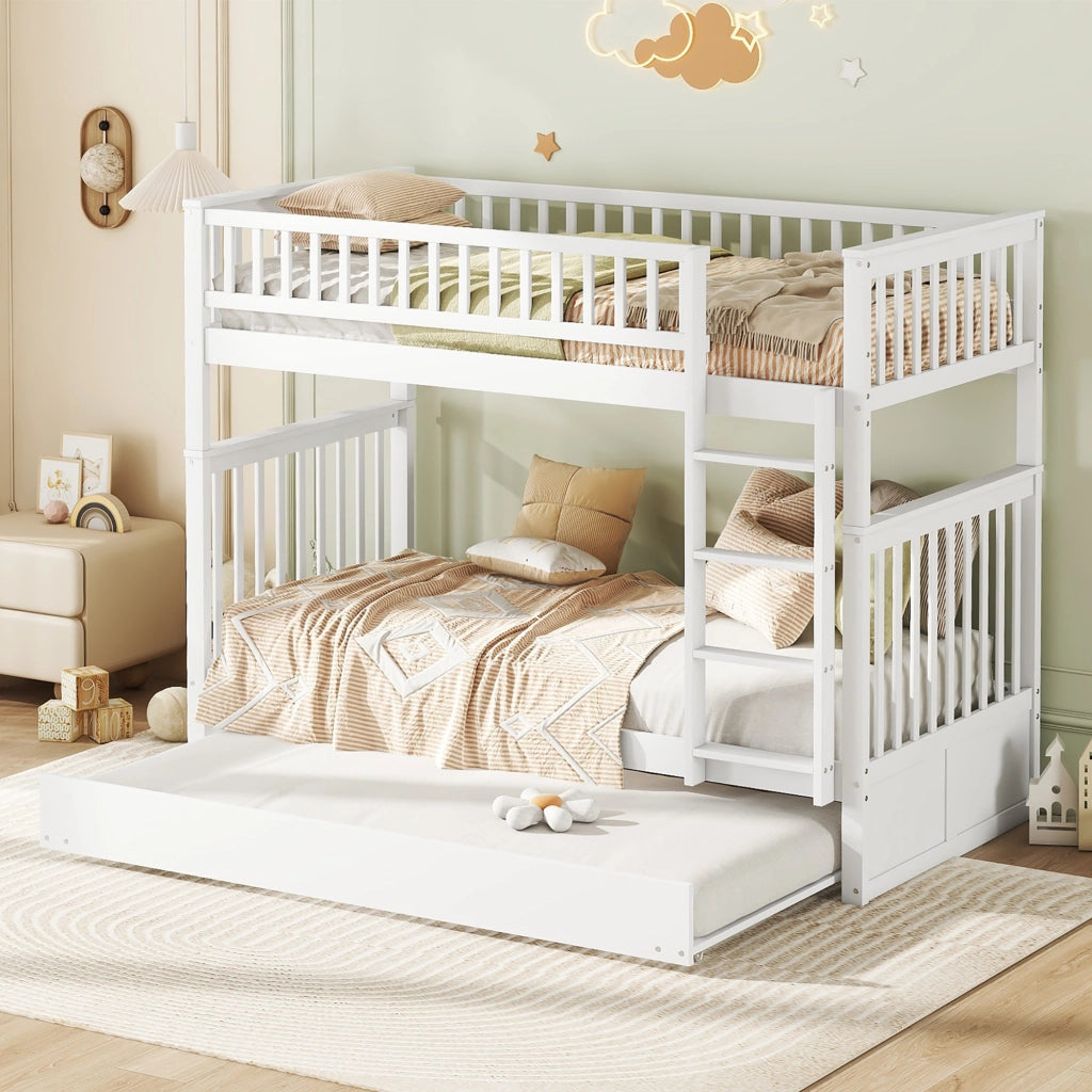OKWISH Letto a Castello 90×200 cm, Letto 3 Posti con Letto Estraibile, Scala e Sponde Alte, senza Materasso, in Pino, Bianco
