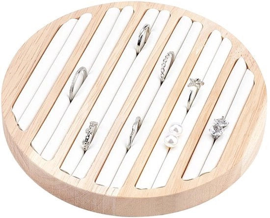 Display Tray per Gioielli in Legno con 6 Scomparti e Inserzione in Pelle Bianca - 15 x 1.8cm