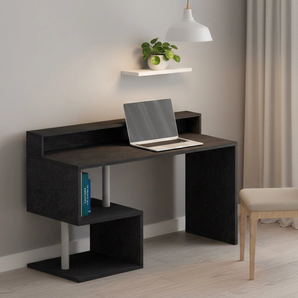 Scrivania Kobenhavn, Scrittoio lineare con ripiani portaoggetti, Scrivania ufficio multiuso con sopralzo, 140x60h93 cm, Ardesia