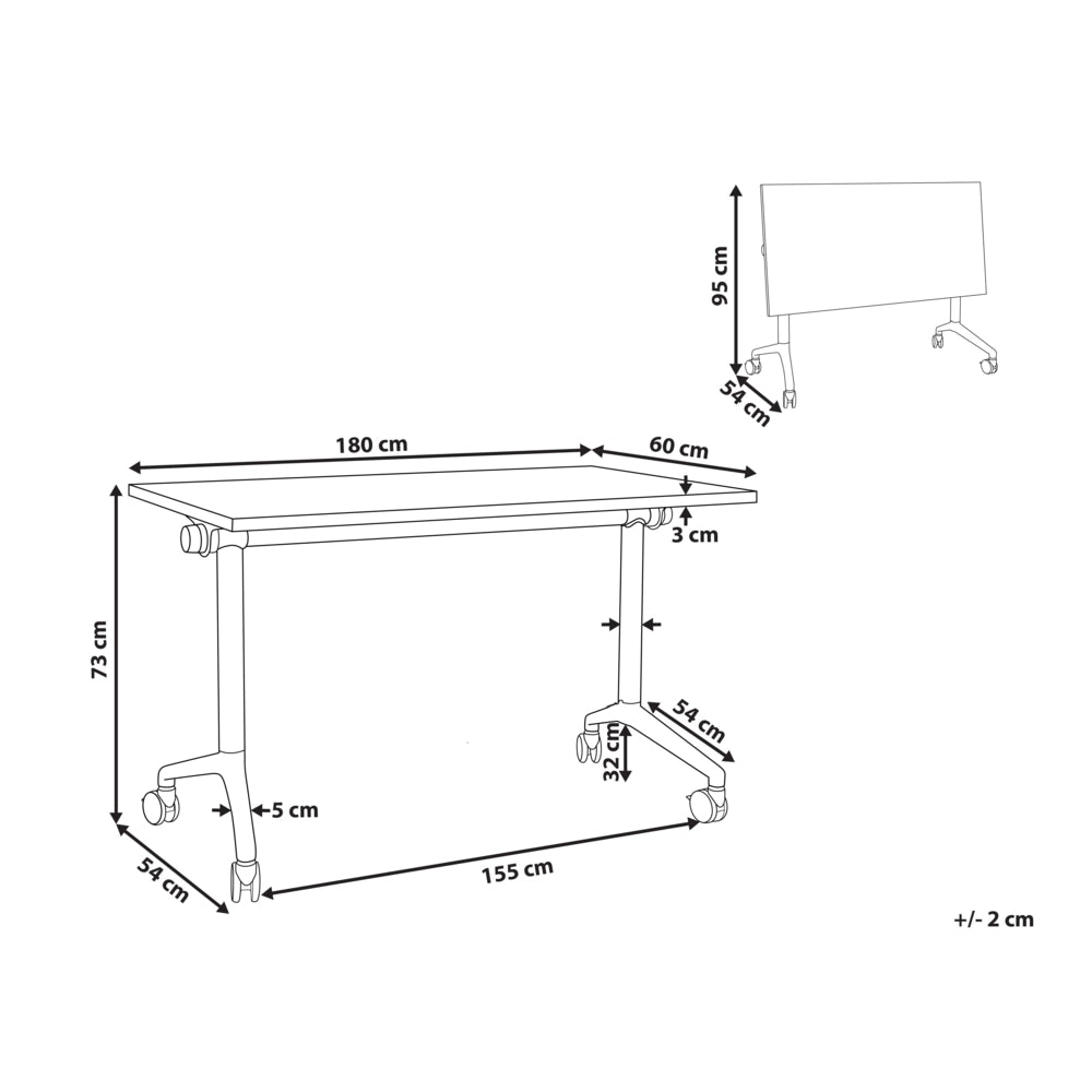 Scrivania rettangolare pieghevole con rotelle portatile con struttura in metallo marrone e bianco 180 x 60 cm stile moderno