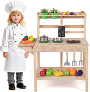 Set da Cucina Giocattolo per Bambini, Cucinetta in Legno con Fornelli, Lavello, Manopole Rotanti, Lavagna, Vasi di Fiori e Scaffali Portaoggetti, per Bambini 3+ Anni