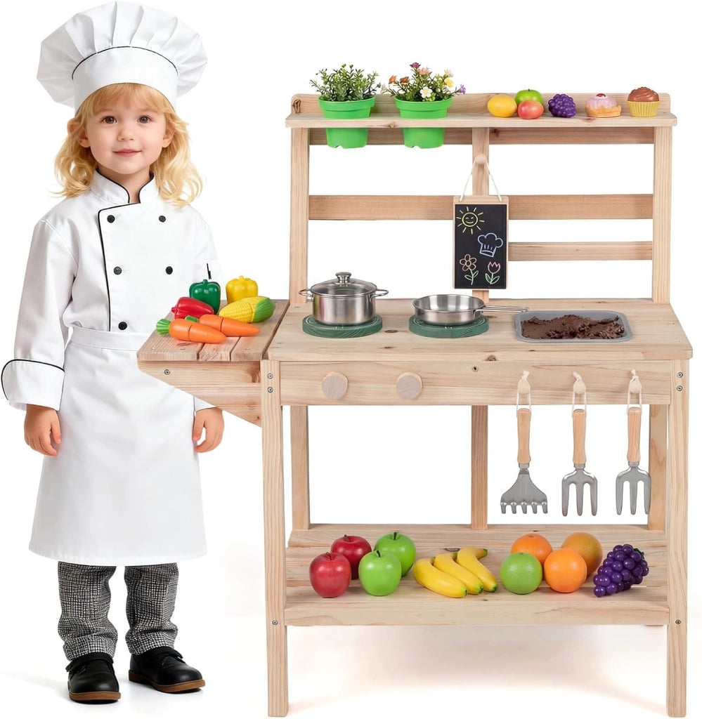 Set da Cucina Giocattolo per Bambini, Cucinetta in Legno con Fornelli, Lavello, Manopole Rotanti, Lavagna, Vasi di Fiori e Scaffali Portaoggetti, per Bambini 3+ Anni