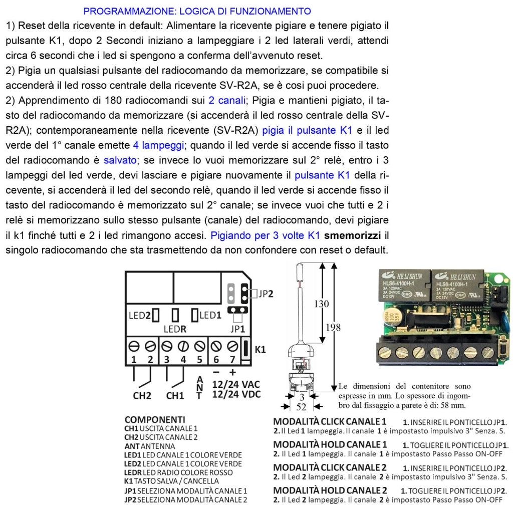 Kit Ricevente Radio Bicanale Freq. 433,92 MHz 2 Radiocomandi Codice Fisso 12 Bit Oppure Apprende 180 Stealth o Rolling Code Base 2 Relè Impulsivi o Stabili ON-OFF Alimentazione 12/24 Vac Prot. IP55