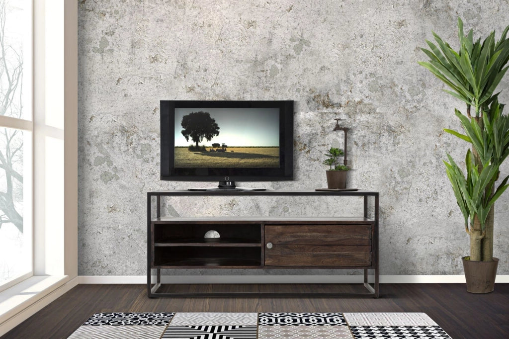Porta Tv Burn 120x40x55 cm in Legno di Acacia e in Ferro Marrone