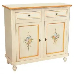 Credenza napoletana in legno avorio anticato decorata filo arancione