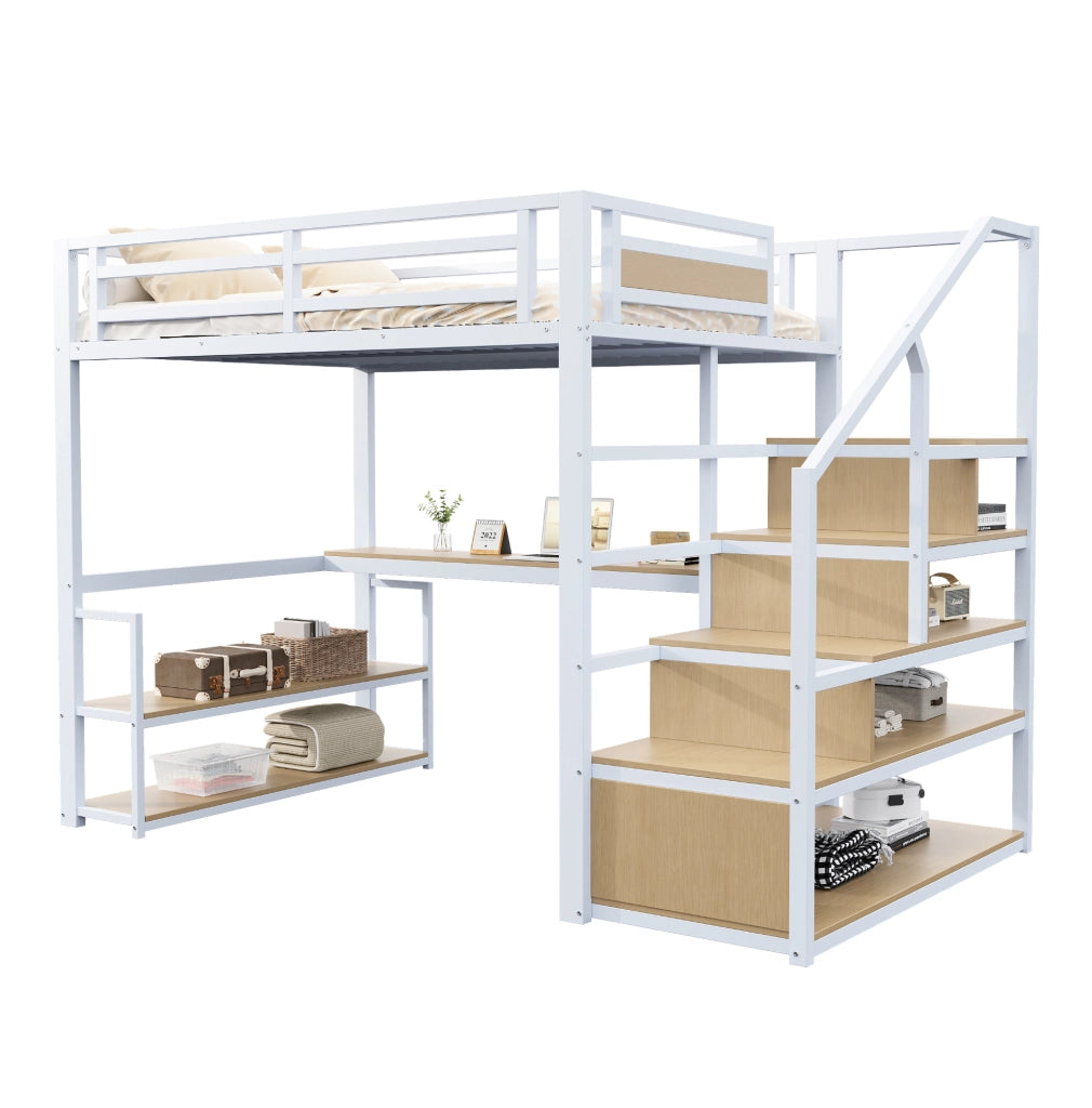 Letto a soppalco 140x200 cm in metallo con scala contenitore; ripiani e tavolo; bianco
