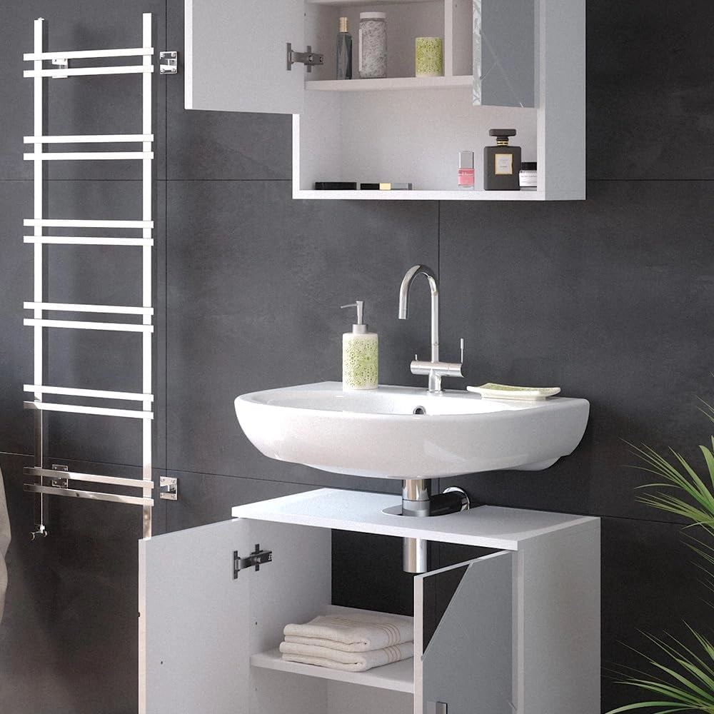 Set mobili bagno Irma, Bianco lucido con inserti, 80 cm, composto da specchio da bagno e mobile sottolavabo
