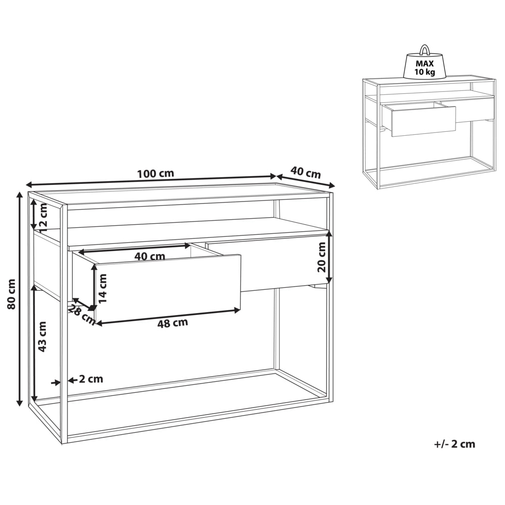 Tavolo consolle moderno piano in vetro struttura in metallo con 2 cassetti in legno scuro
