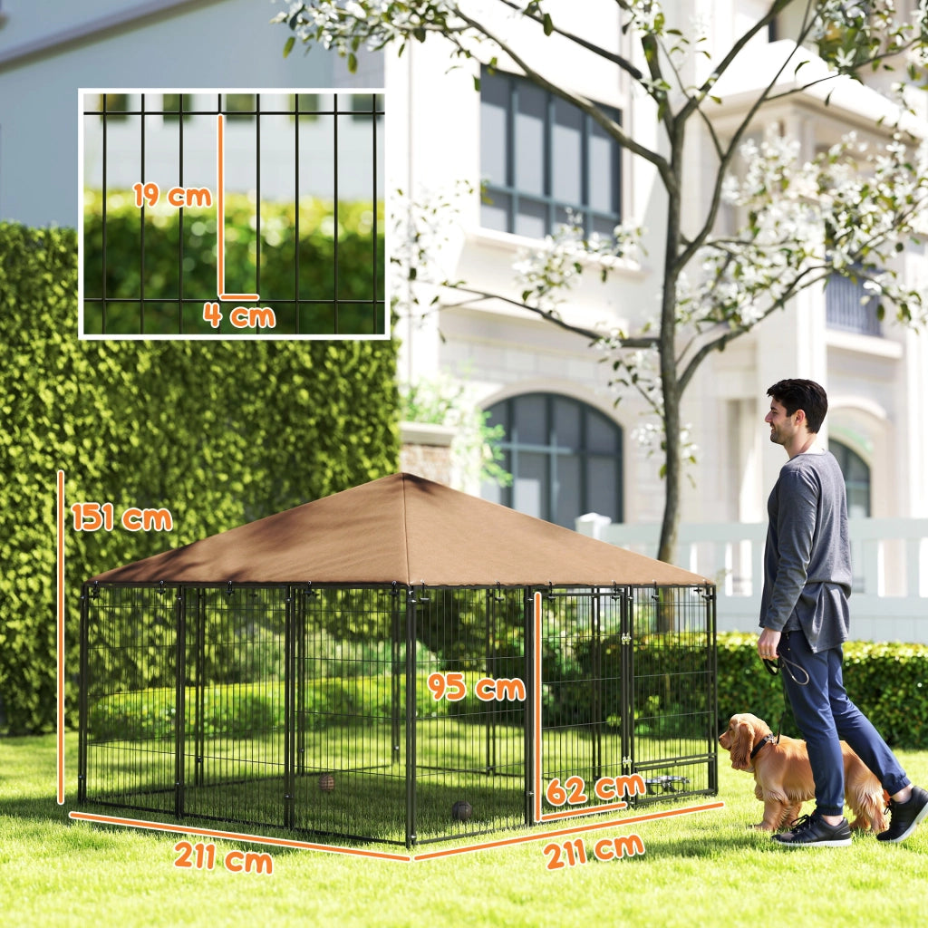 Recinto per Cani in Metallo e Tessuto Oxford con Porticina per Ciotole, 211x211x151 cm, Nero e Marrone