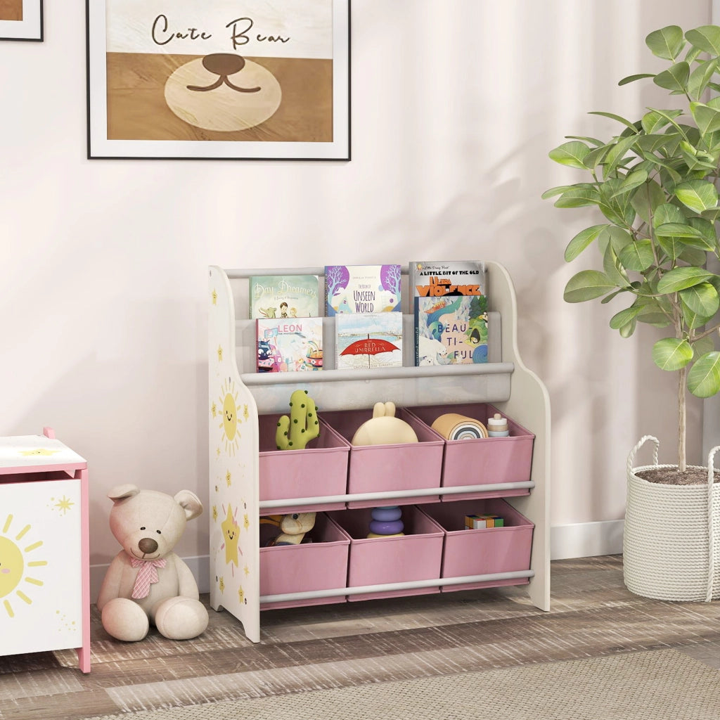 Scaffale Portagiochi con 6 Cassetti in Tessuto e Libreria a 2 Livelli, in Legno e Acciaio, 63x30x71 cm, Rosa