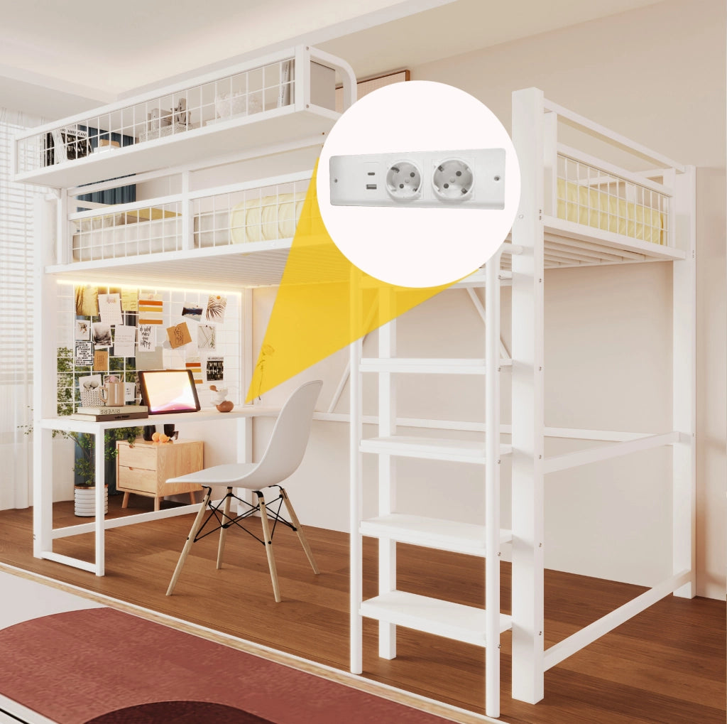 Letto a soppalco in metallo 90 x 200 cm con scrivania; LED; presa e scala; bianco