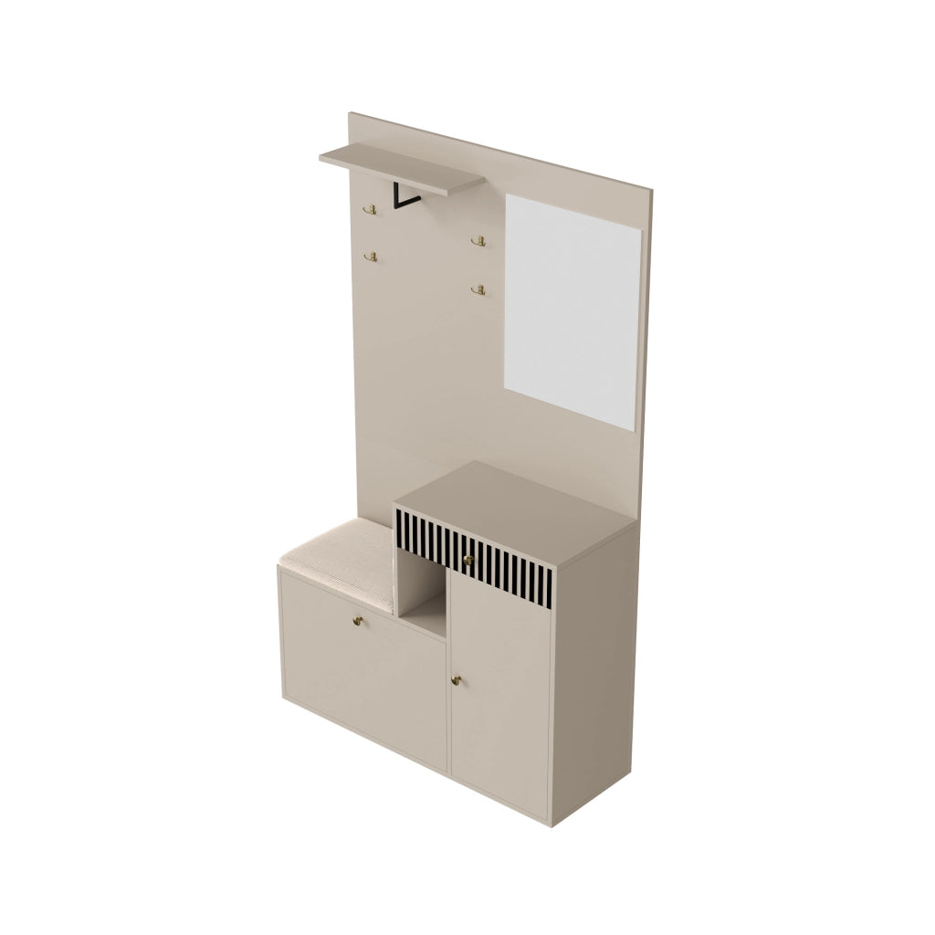 Set mobili da ingresso con specchio, panca imbottita, ripiani, appendiabiti e scarpiera in MDF Beige Crema