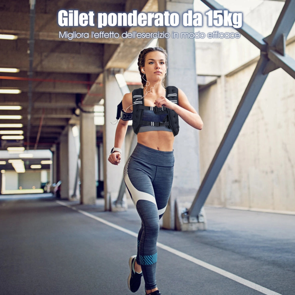 Giubbotto da allenamento 15 kg con fibbie regolabili e borsa-Giubbotto zavorrato con striscia riflettente Nero