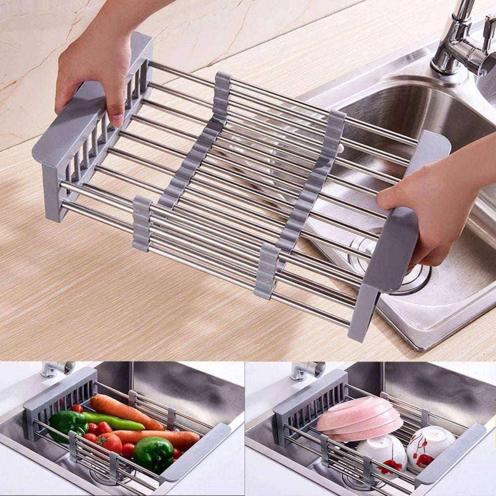 Trade Shop - Cestino Regolabile Per Lavello Scolapiatti Telescopico Cestello Stoviglie Cucina -