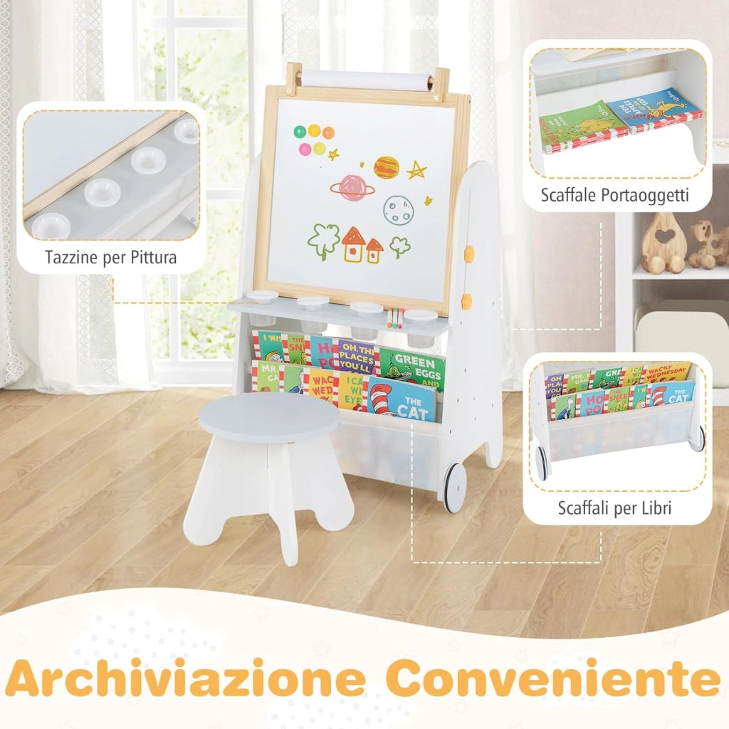 Cavalletto Lavagna per Bambini con Sgabello e Tavolo 4 in 1, Lavagna Magnetica Regolabile in Altezza con Rotolo di Carta e 4 Tazze di Vernice, Cavalletto a Ruote con Gessi e Cancellino