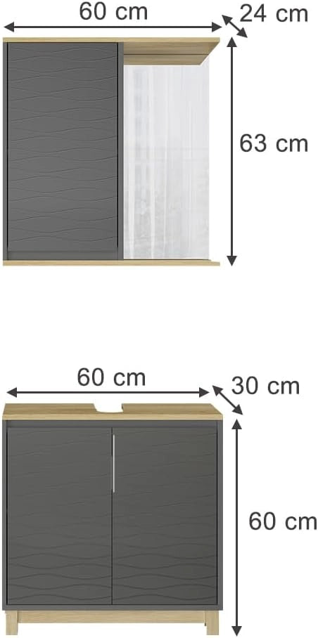 Set di mobili da bagno Livia, Antracite/quercia, 2 parti