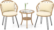 Set di Mobili da Giardino in Rattan, Set da Balcone 3 Pezzi per 2 Persone con Cuscini per Seduta e Schienale, Vetro Temperato e Rattan PE, Mobili da Esterno per Terrazza e Giardino