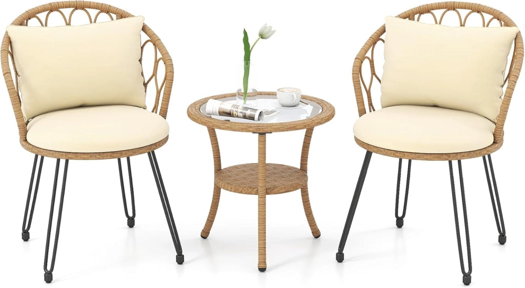 Set di Mobili da Giardino in Rattan, Set da Balcone 3 Pezzi per 2 Persone con Cuscini per Seduta e Schienale, Vetro Temperato e Rattan PE, Mobili da Esterno per Terrazza e Giardino