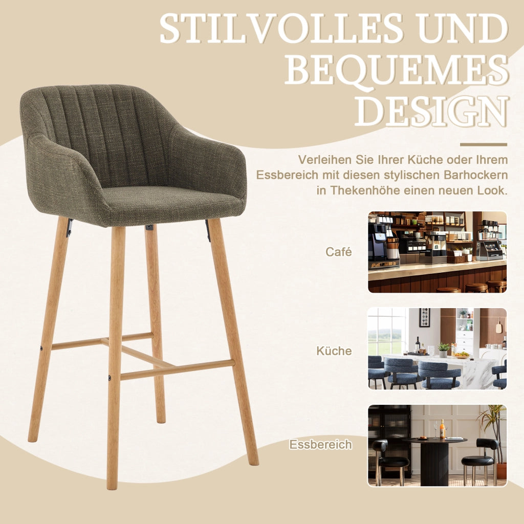 Sgabello da bar set da 2 con schienale alto e braccioli in lino verde e gambe in legno per cucina con poggiapiedi