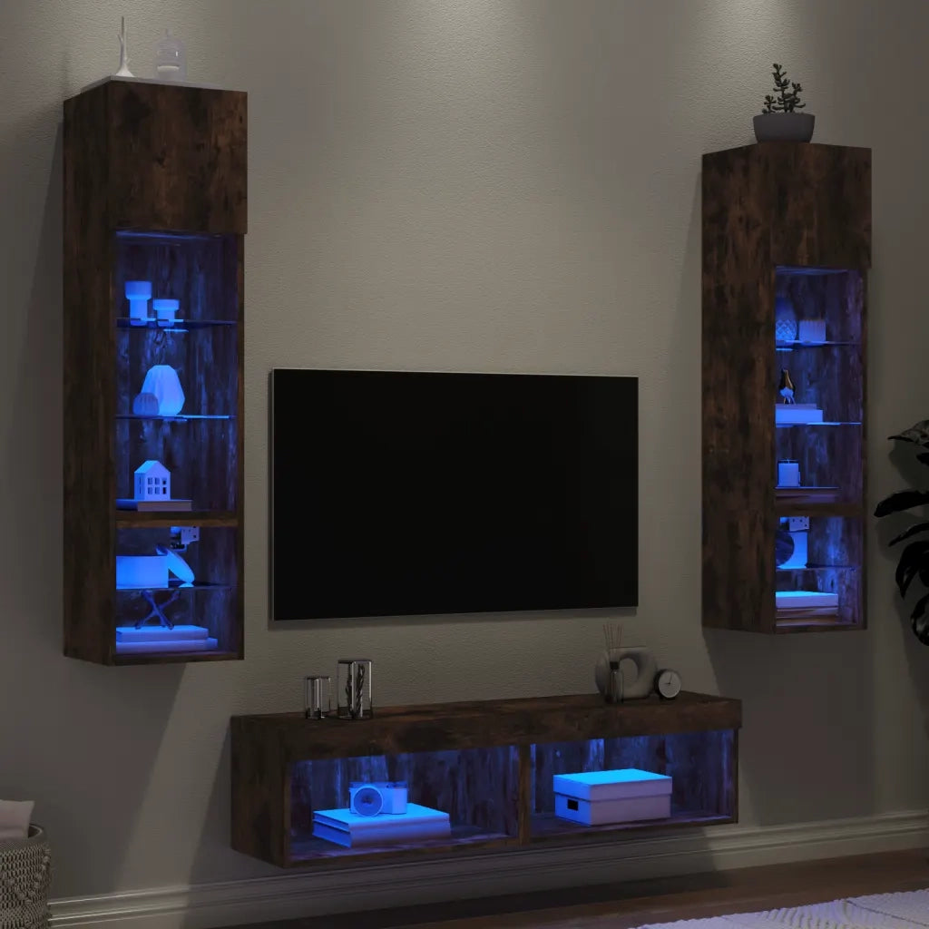 Mobili TV a Muro con LED 6pz | Armadietto TV | Mobile Porta TV Rovere Fumo in Legno Multistrato