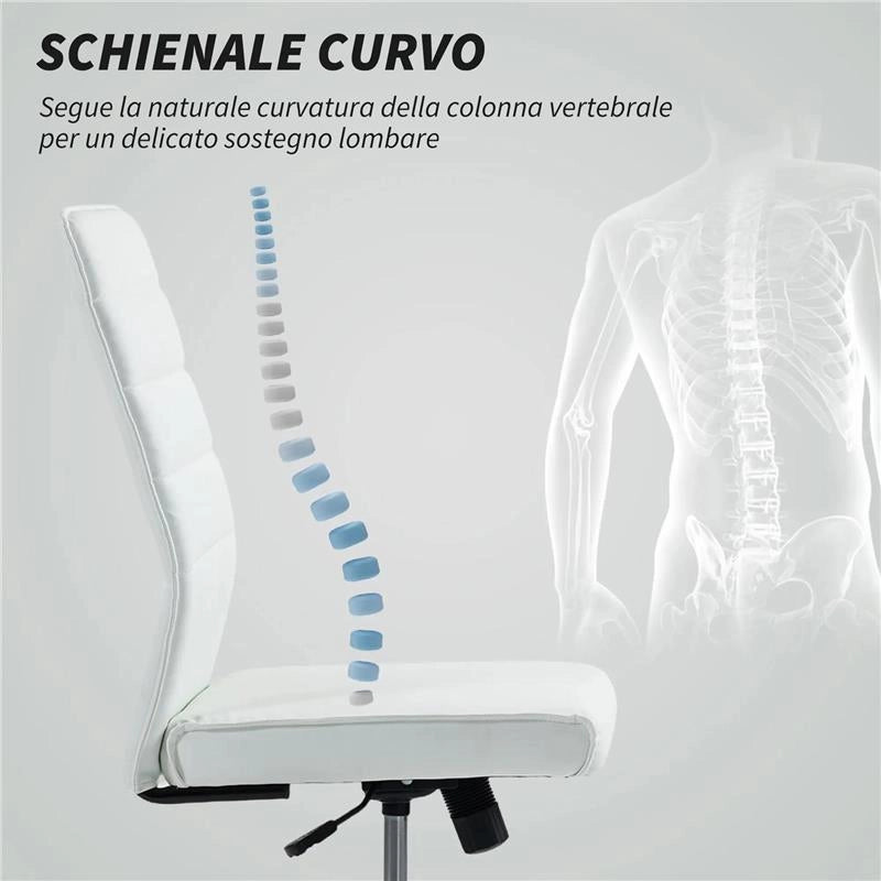 SEDIA DA UFFICIO ERGONOMICA E REGOLABILE CON SCHIENALE RICURVO, IN PELLE PU E ACCIAIO, 58X53X97-107 CM, BIANCO