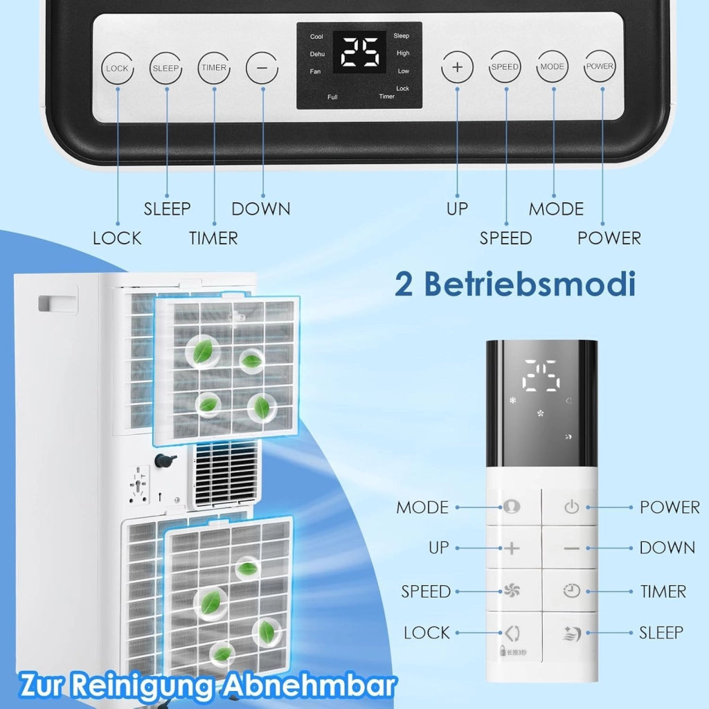 Condizionatore Portatile, 9000 BTU/h, 2.6 kW, 4-in-1 Climatizzatore Portatile, Ventilatore, Raffreddamento, Deumidificazione, Aria Condizionata con Night Mode, Timer 24H e Telecomando, 31㎡