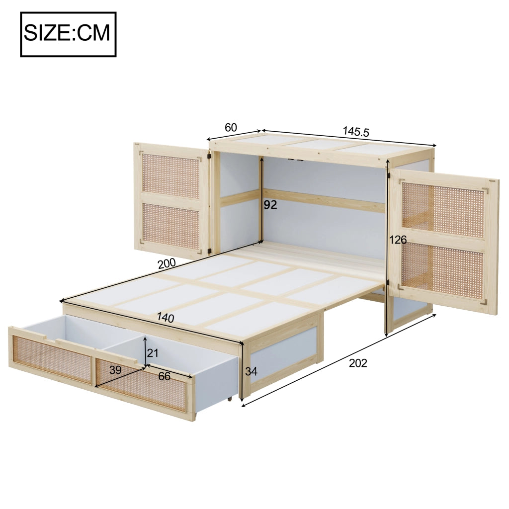 OKWISH Letto a Scomparsa 140×200 cm, Letto Matrimoniale con 2 Cassetti, Ante Stile Rattan e Vano Contenitore, senza Materasso, Legno Naturale
