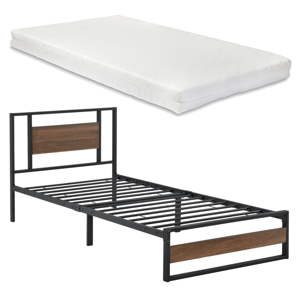 Letto in Acciaio con Materasso a Schiuma Fredda 200 x 90 cm Letto Singolo in Stile Moderno con Elementi Decorativi in Effetto Legno di Color Noce  - Struttura Nera